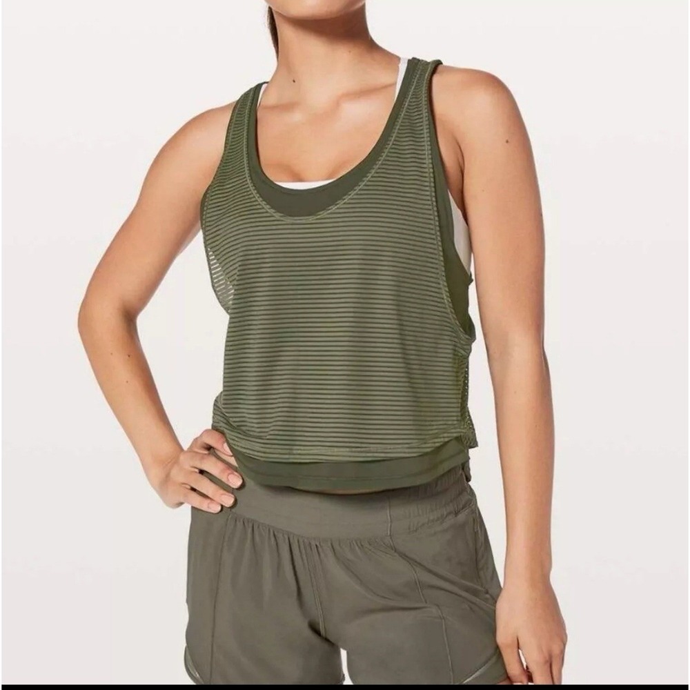 Lululemon Lean In Tank Double Layered Striped Workout Top Green Medium gym